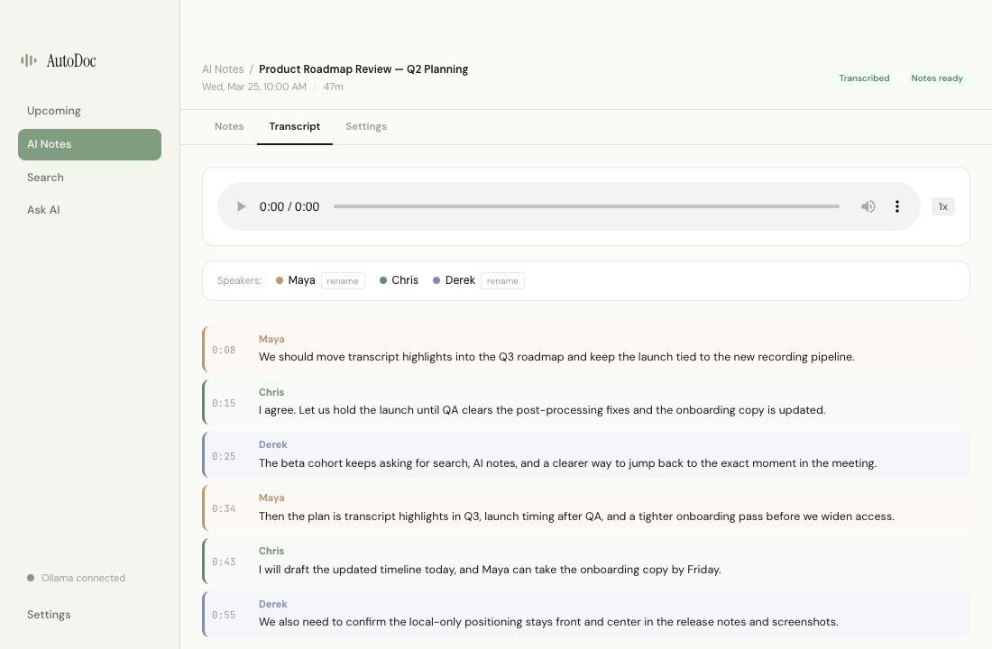 AutoDoc transcript with speaker diarization